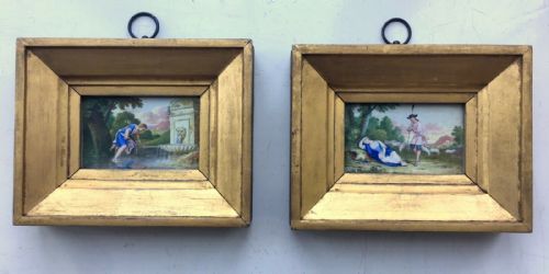fig 1. 2 Antique Arcadian Classical Style Miniature Framed Landscape Gouache Paintings