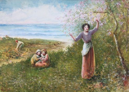 James Andrew Mccolvin 19th Century Antique Original English Watercolour Painting Picking Blossom Coastal Seascape