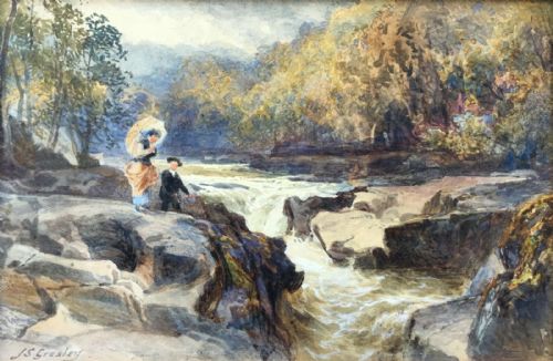 J S (James Stephen) Gresley Signed Original 19th Century English Watercolour Painting the Strid Bolton Abbey Yorkshire Dales