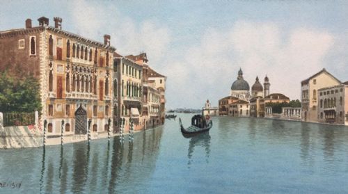 Alberto Trevisan Signed Original Vintage Watercolour Painting Venice Canal with Gondola Italian Seascape
