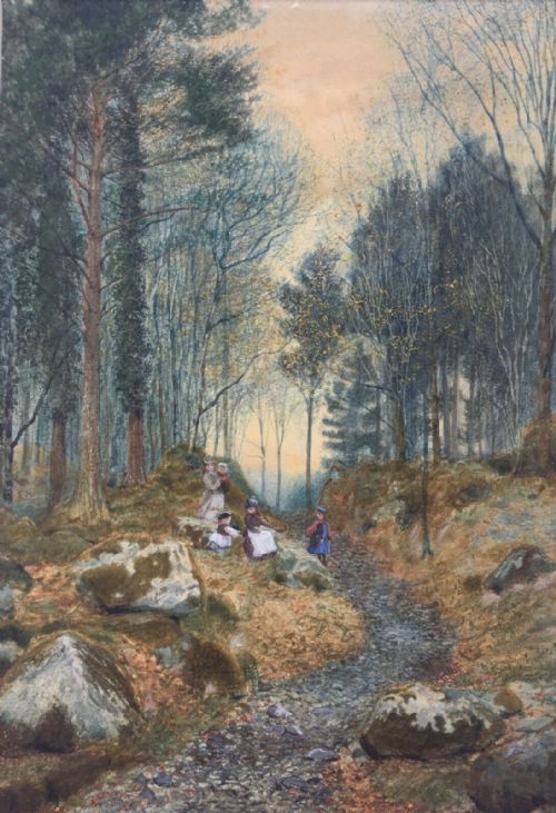 James Thomas Watts Original Antique English Watercolour Painting Figures Resting Woodland Setting