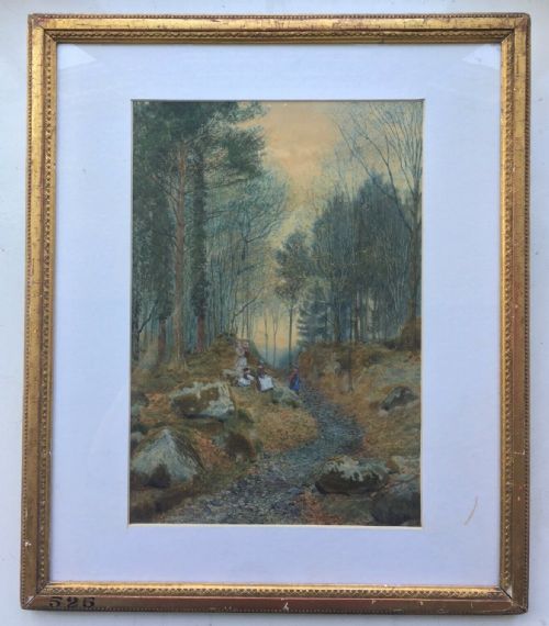 fig 1. James Thomas Watts Original Antique English Watercolour Painting Figures Resting Woodland Setting