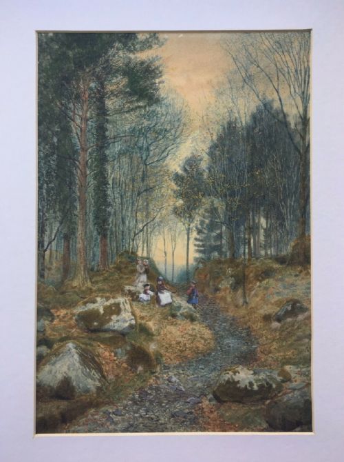 fig 2. James Thomas Watts Original Antique English Watercolour Painting Figures Resting Woodland Setting