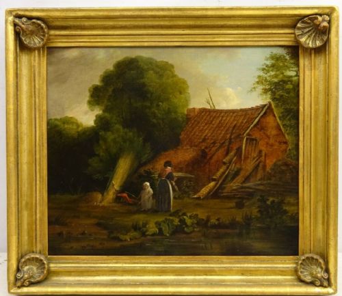Original Antique English School Canvas Oil Painting Mother & Child Drying Reeds for Thatch in Wooden Gilt Frame with Shell Mouldings
