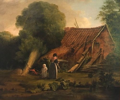 fig 1. Original Antique English School Canvas Oil Painting Mother & Child Drying Reeds for Thatch in Wooden Gilt Frame with Shell Mouldings