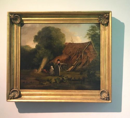 fig 2. Original Antique English School Canvas Oil Painting Mother & Child Drying Reeds for Thatch in Wooden Gilt Frame with Shell Mouldings