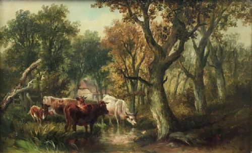G (George) Vincent Signed Original Norwich School Framed Oil Painting on Canvas Cattle Watering in a Rural Landscape