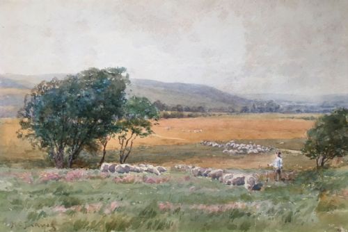 Henry Charles Jarvis Signed Original Antique English Framed Watercolour Painting Sheep in Sussex Pastures Near Lewes