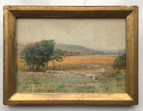 fig 1. HENRY CHARLES JARVIS Signed Original Antique English Framed Watercolour Painting Sheep in Sussex Pastures near Lewes
