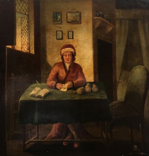 Antique Oil Painting on Wood Panel Dutch Flemish Interior Scene of Gentleman Counting Money