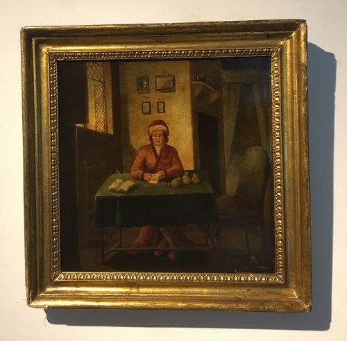 fig 1. Antique Oil Painting on Wood Panel Dutch Flemish Interior Scene of Gentleman Counting Money