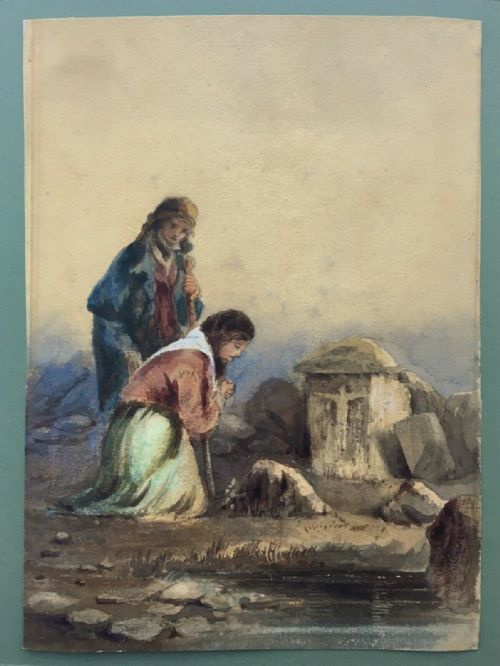 Attributed to Francis William Topham Original 19th Century Antique Watercolour Painting Irish Women at Shrine Ireland Historical Interest