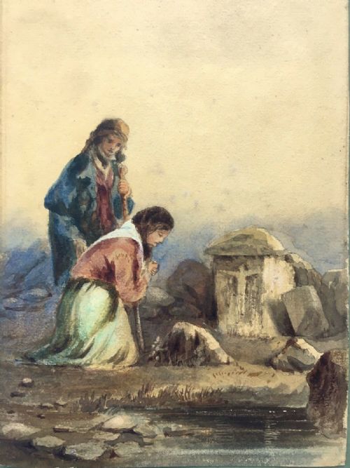 fig 1. Attributed to Francis William Topham Original 19th Century Antique Watercolour Painting Irish Women at Shrine Ireland Historical Interest