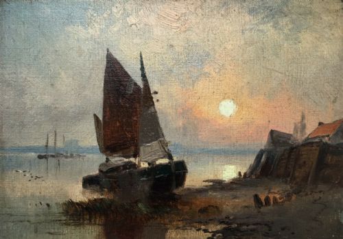 Attributed to Robert Ernest Roe (Signed Verso) Original Oil Painting on Board Yorkshire Coastal Fishing Seascape at Sunset