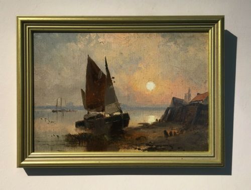 fig 1. Attributed to Robert Ernest Roe (Signed Verso) Original Oil Painting on Board Yorkshire Coastal Fishing Seascape at Sunset