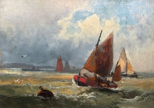 Attributed to Robert Ernest Roe Original Oil Painting on Board Yorkshire Coast Fishing Boat Seascape 2