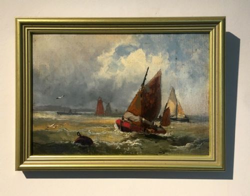 fig 1. Attributed to Robert Ernest Roe Original Oil Painting on Board Yorkshire Coast Fishing Boat Seascape 2