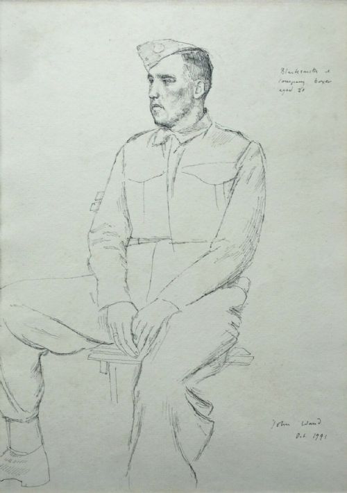fig 1. JOHN STANTON WARD RA Original Signed Ink Sketch Drawing WW2 World War 2 1941 Seated Army Soldier Blacksmith & Company Boxer