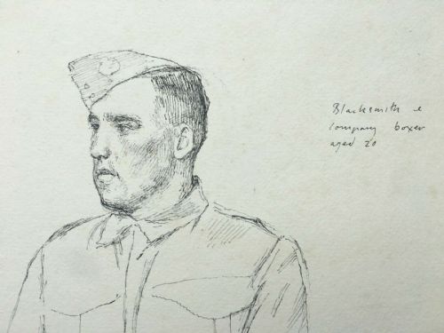 fig 2. JOHN STANTON WARD RA Original Signed Ink Sketch Drawing WW2 World War 2 1941 Seated Army Soldier Blacksmith & Company Boxer