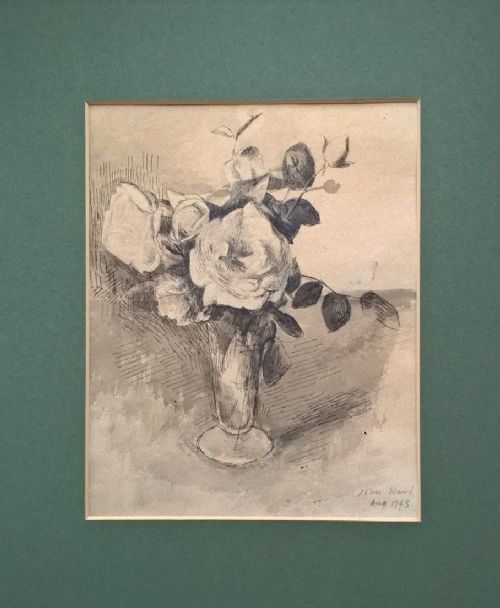 fig 1. JOHN STANTON WARD RA Signed Original English Vintage Pen & Ink Wash Drawing Sketch Still Life Roses