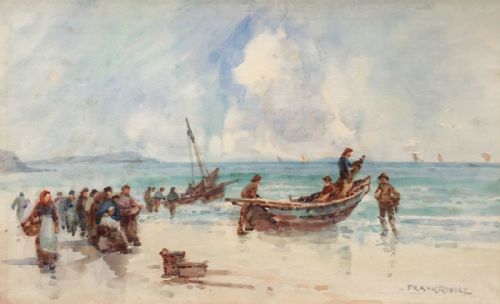 Frank Rousse Original English Antique Watercolour Painting Yorkshire Coast Fishing Boat Seascape 1