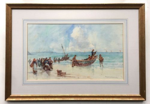 fig 1. Frank Rousse Original English Antique Watercolour Painting Yorkshire Coast Fishing Boat Seascape 1