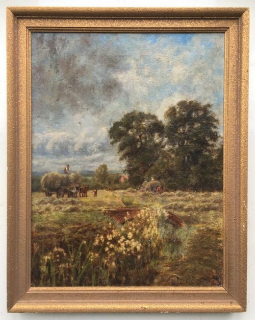 Original 19th Century Antique Oil Painting on Canvas English Haymaking Harvest Rural Landscape