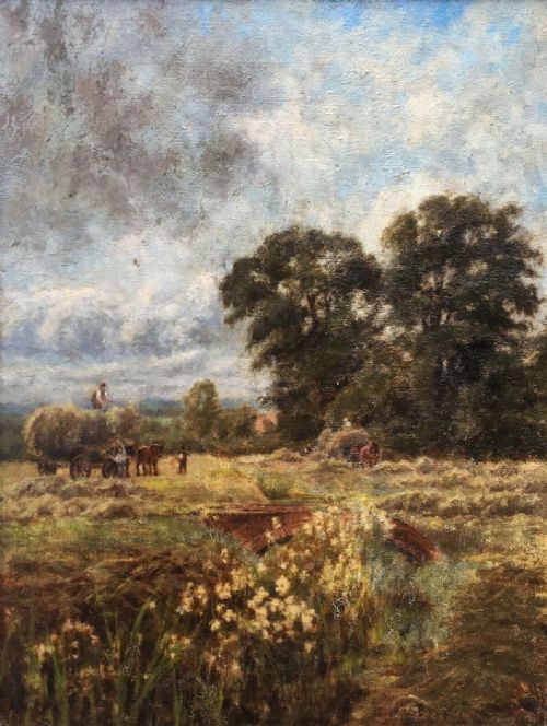 fig 1. Original 19th Century Antique Oil Painting on Canvas English Haymaking Harvest Rural Landscape