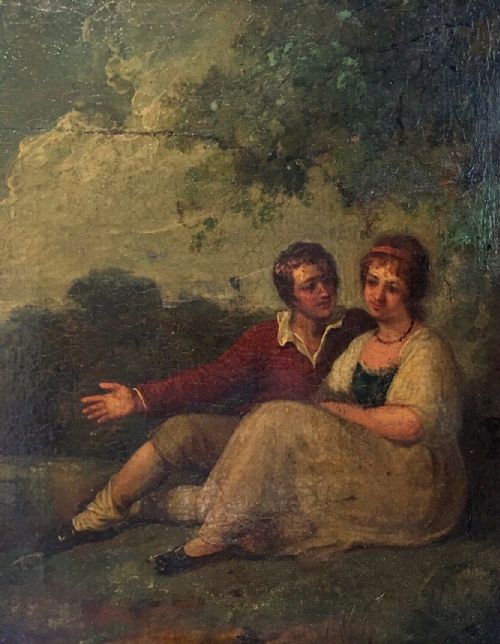 Antique 18th Century French School Oil Painting on Wood Panel Courting Couple in a Country Landscape