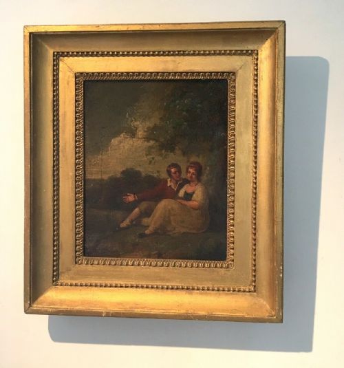 fig 1. Antique 18th Century French School Oil Painting on Wood Panel Courting Couple in a Country Landscape