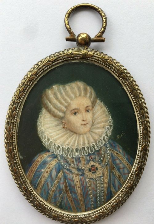19th Century Miniature Framed Portrait Painting Signed Rene Elizabethan Lady