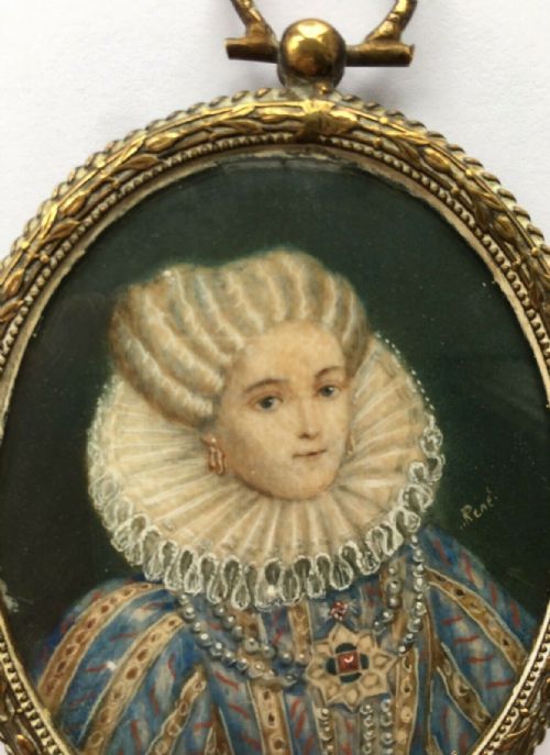 fig 1. 19th Century Miniature Framed Portrait Painting Signed Rene Elizabethan Lady