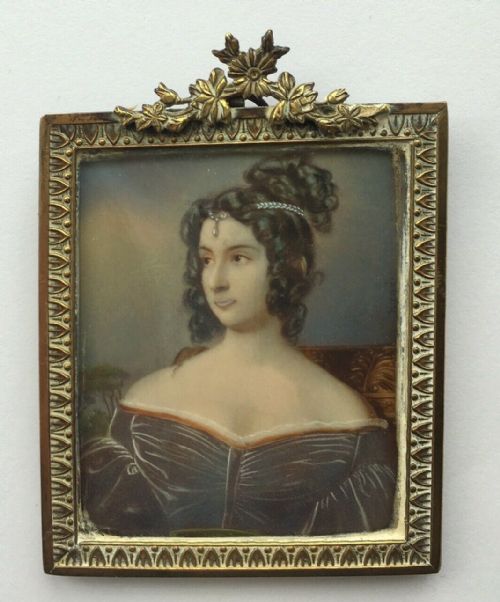 19th Century Antique Decorative Framed Miniature Gouache Watercolour Painting Victorian Lady Portrait