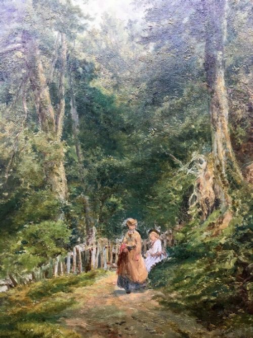 fig 1. Monogrammed 1875 Original Antique Oil Painting on canvas Ladies walking in Colwick Wood Nottingham English Landscape