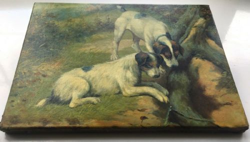 fig 1. Signed E Gilbert Original Antique Canvas English School Oil Painting Two Terriers Jack Russell Dogs in Woodland Landscape