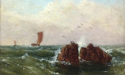 Robert F Watson 1880 Original Antique Framed Oil Painting Ships Puffins in a Rough Sea, Farne Islands, Northumberland
