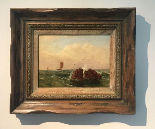 fig 1. Robert F Watson 1880 Original Antique Framed Oil Painting Ships Puffins in a Rough Sea, Farne Islands, Northumberland