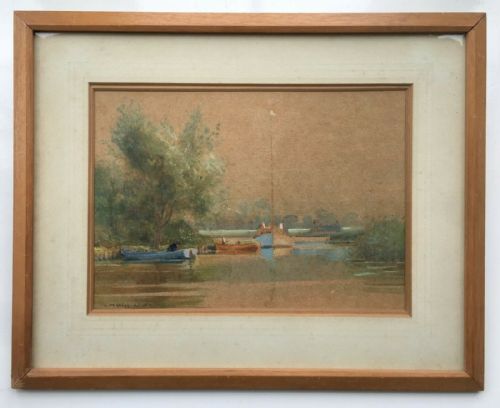 fig 1. CHARLES MAYES WIGG Signed Original Vintage English Watercolour Painting Wherry Potter Heigham Norfolk Broads