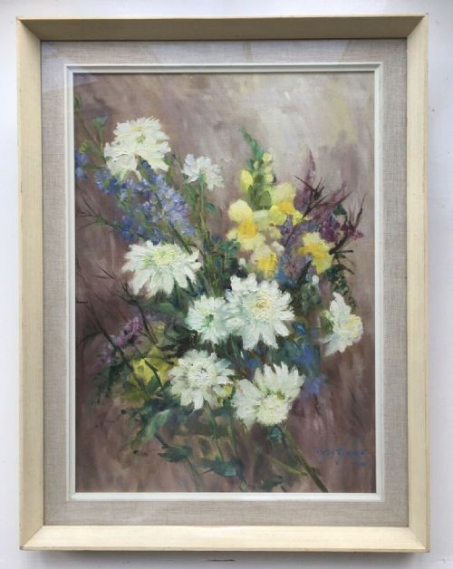 fig 1. Owen Bowen (1873-1967) Signed Original English Vintage Oil Painting on Board Still Life Flowers in Glazed Frame