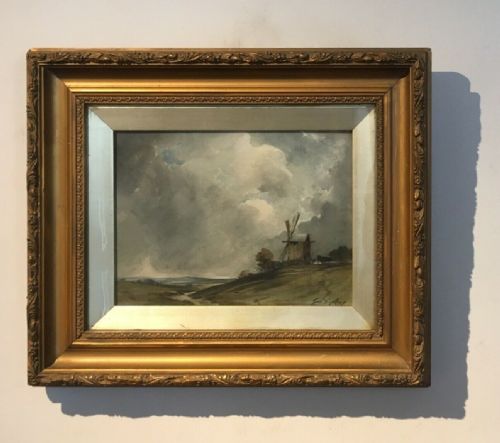 George Sykes of Huddersfield Signed Original English Watercolour Painting Windmill Landscape with Stormy Skies