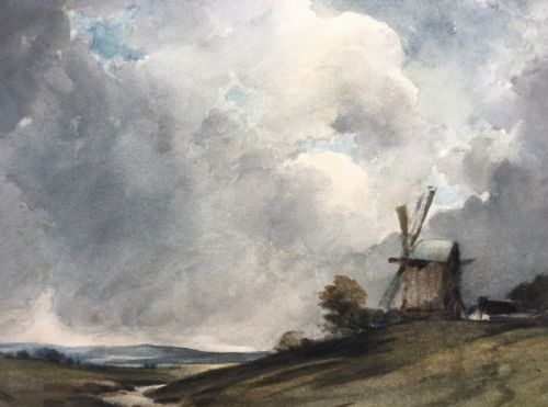 fig 1. GEORGE SYKES of Huddersfield Signed Original English Watercolour Painting Windmill Landscape with Stormy Skies