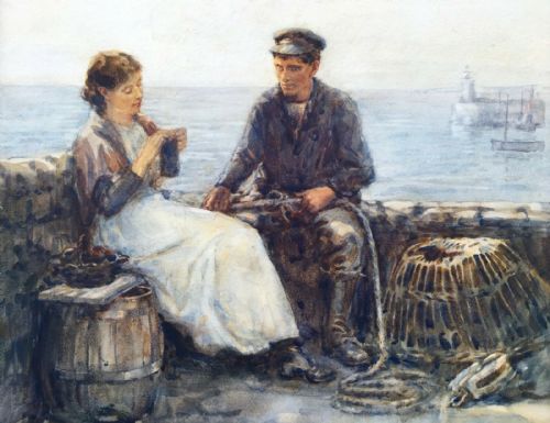 Malcolm Gavin Scottish Artist Original Signed Watercolour Painting Fisherman & Lady Titled Verso "Toilers"