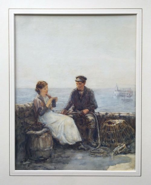 fig 1. Malcolm Gavin Scottish Artist Original Signed Watercolour Painting Fisherman & Lady Titled Verso 