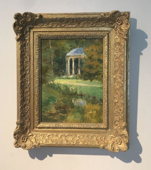 fig 1. Alden Pierson (1874-1921) American, Signed Original Oil Painting on Board Figure & Ornamental Folly in Decorative Frame