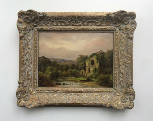 Original Antique Oil Painting on Board Figure in Boat Before a Ruined Castle Landscape in Decorative Frame