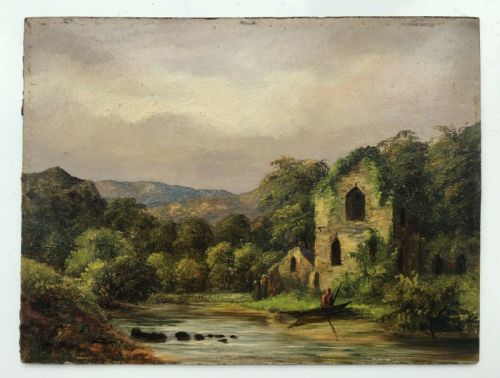 fig 1. Original Antique Oil Painting on Board Figure in Boat before a Ruined Castle Landscape in Decorative Frame