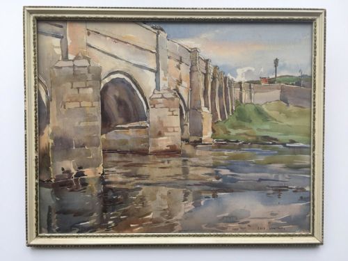 Fred Lawson Signed Original English Watercolour Painting Grassington Bridge Yorkshire Dales in Vintage Glazed Frame