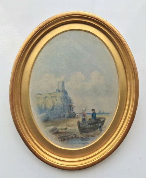 Rare Henry Booty Fl 1882-1883 Original English Antique Watercolour Painting Off Tynemouth Coast in Oval Frame