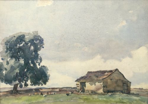 fig 1. Fred Lawson 1919 Signed Original English Antique Watercolour Painting Farm & Chickens Yorkshire Landscape