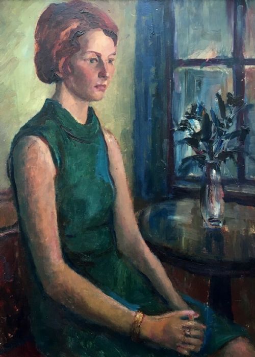 fig 1. Attributed Angela Stones (British) Original Oil Painting on Board Painting of seated Lady